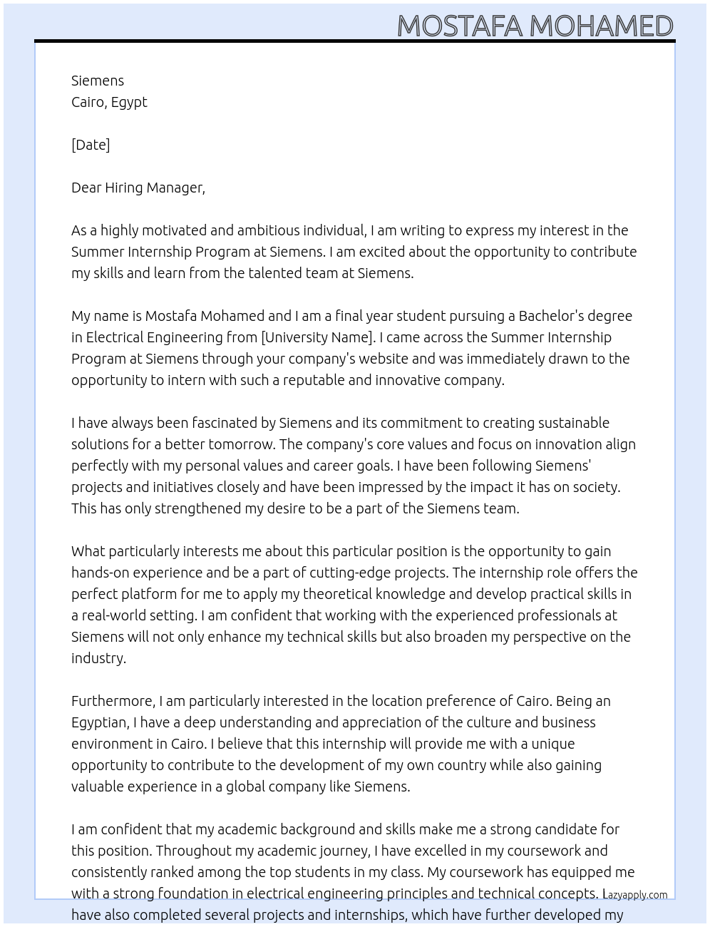 Summer Internship Program At Siemens Cover Letter