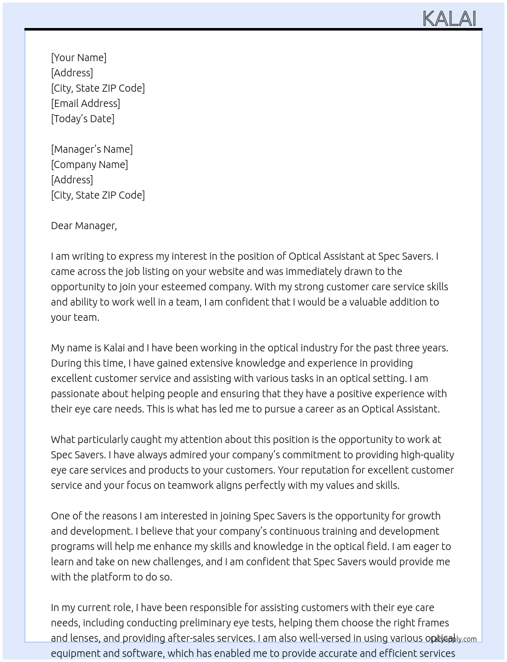 Optical assistant  At Spec savers Cover Letter