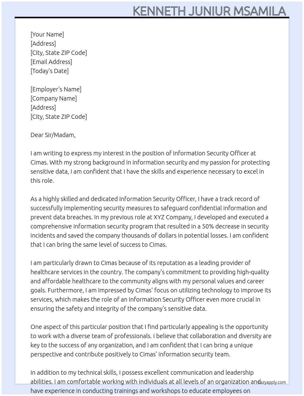 Information Security Officer  At Cimas  Cover Letter