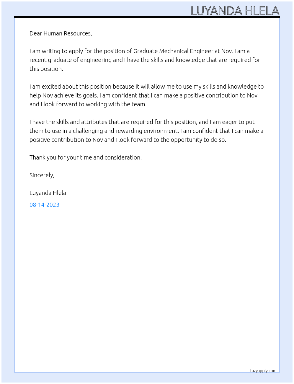 Graduate mechanical engineer At Nov Cover Letter