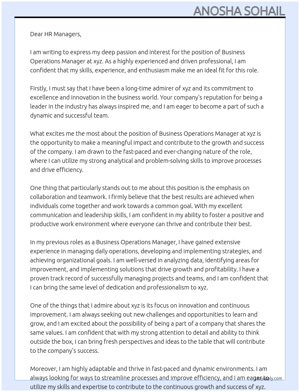 Business Operations Manager At xyz Cover Letter