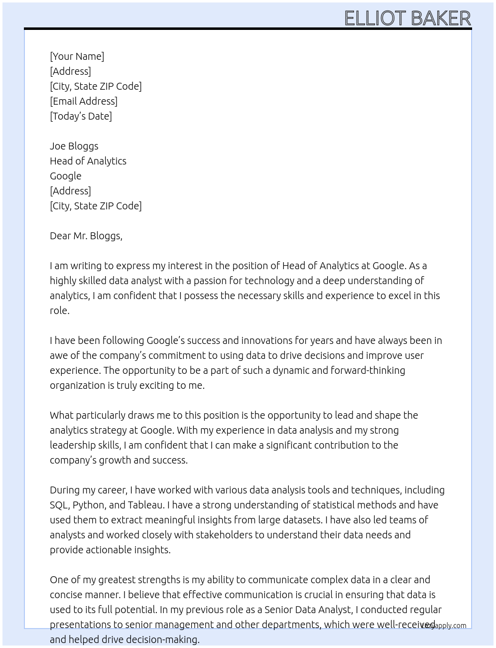 Head of Analytics At Google Cover Letter