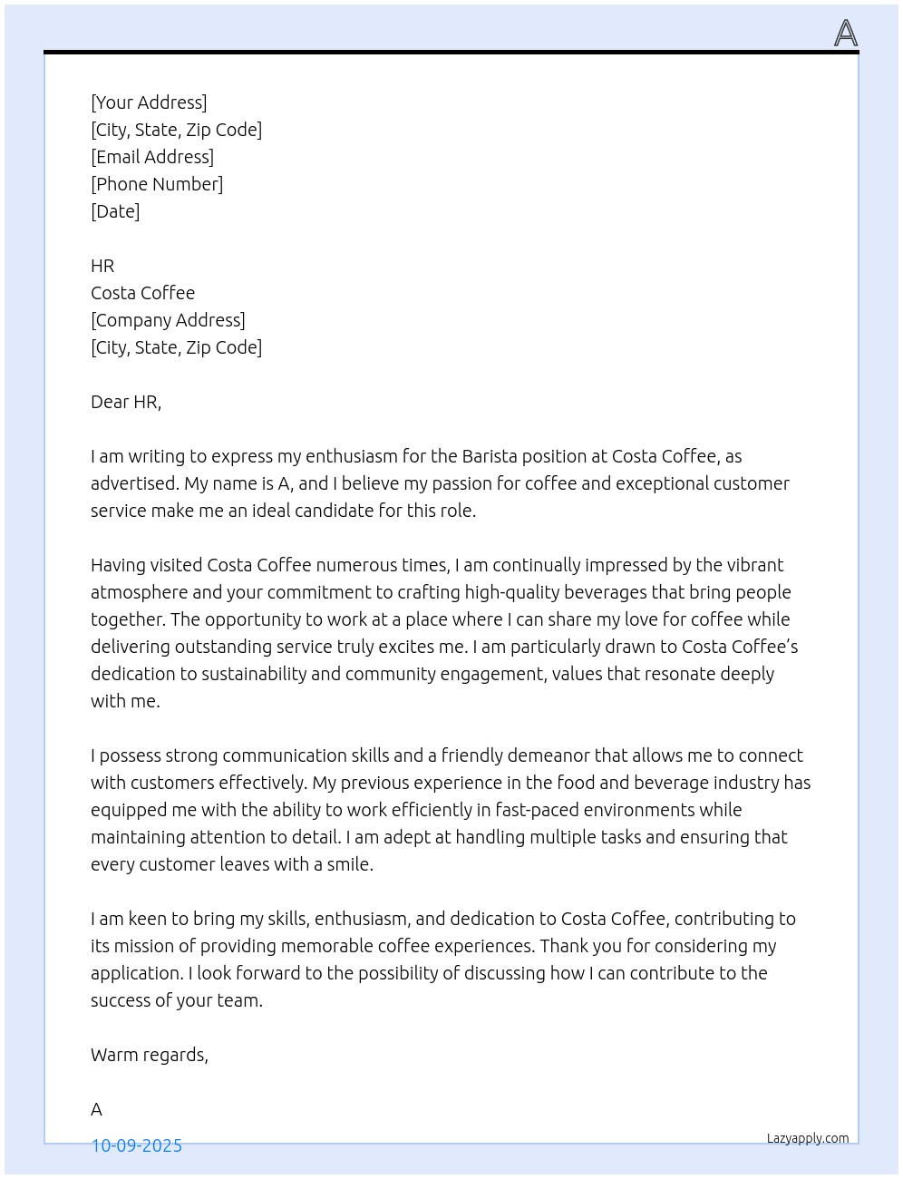 Barista At Costa Coffee Cover Letter