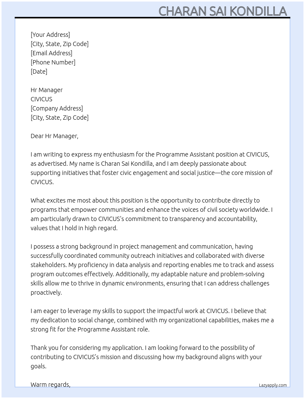 Programme Assistant At CIVICUS Cover Letter