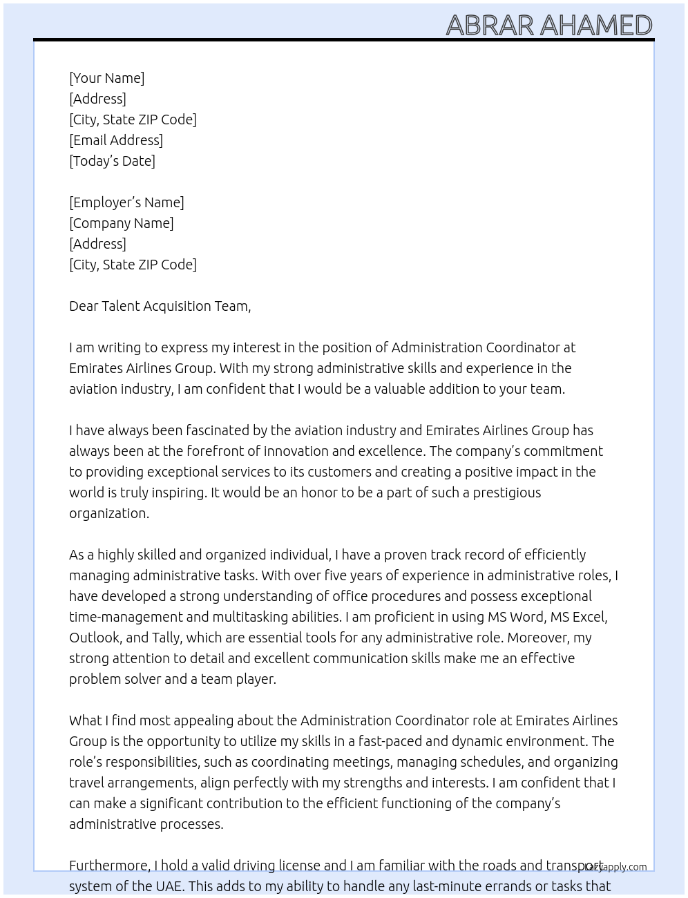 Administration Coordinator At Emirates Airlines Group Cover Letter