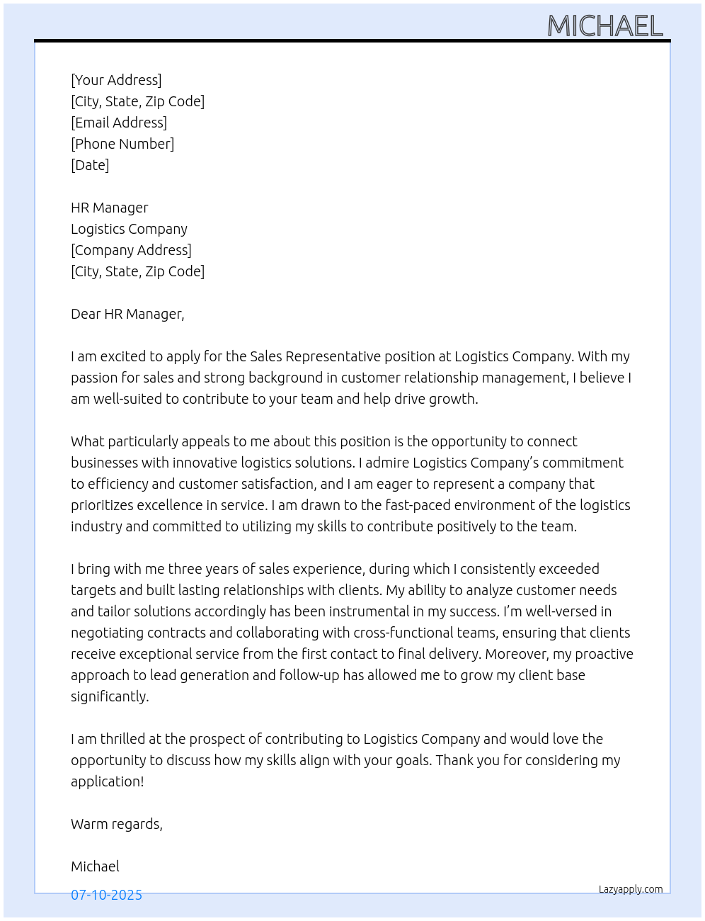 Sales Representative At Logistics Company Cover Letter