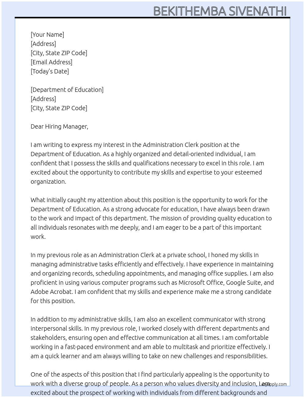 Administration clerk At Department of education Cover Letter