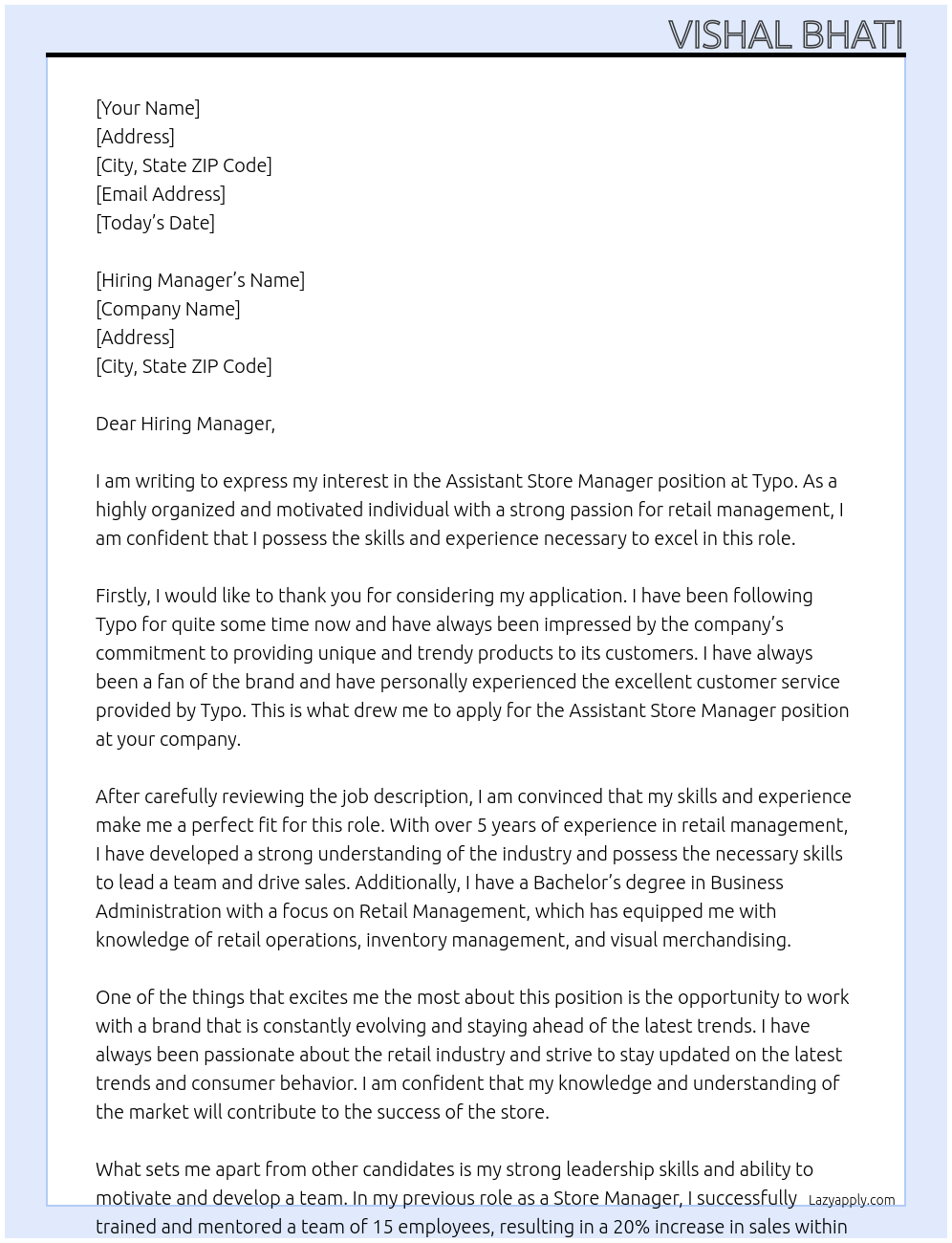 Assistant Store Manager At Typo Cover Letter