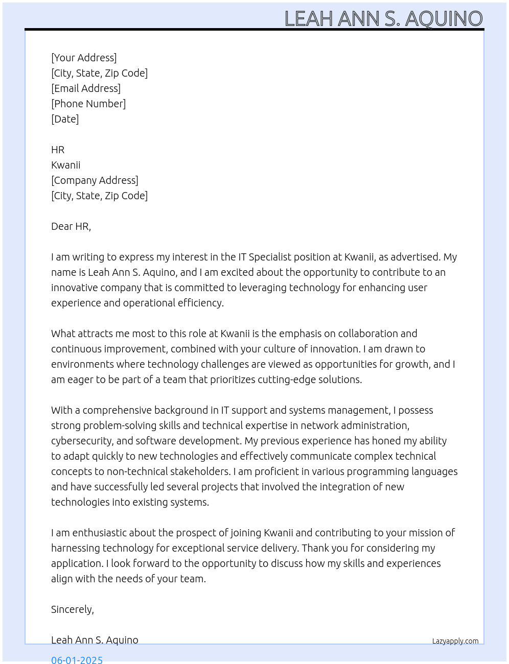 IT Specialist At Kwanii Cover Letter