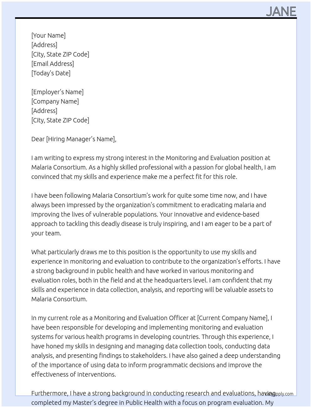 Monitoring and evaluation At Malaria consortium Cover Letter