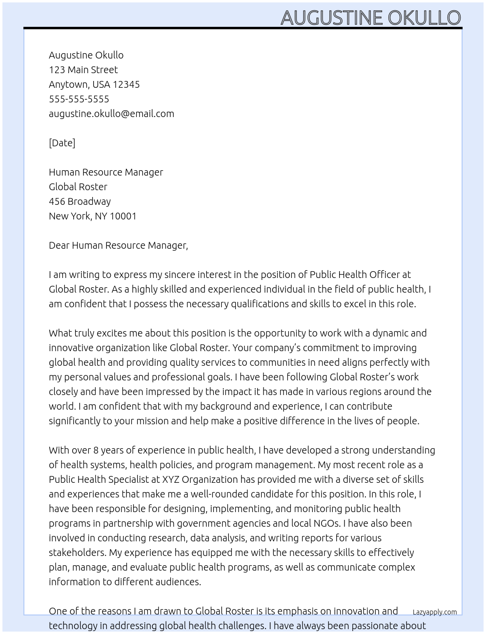 Public health officer At Global roster Cover Letter