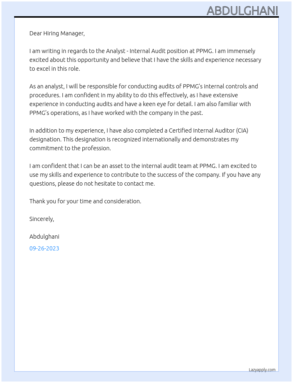 Analyst - Internal Audit At PPMG Cover Letter