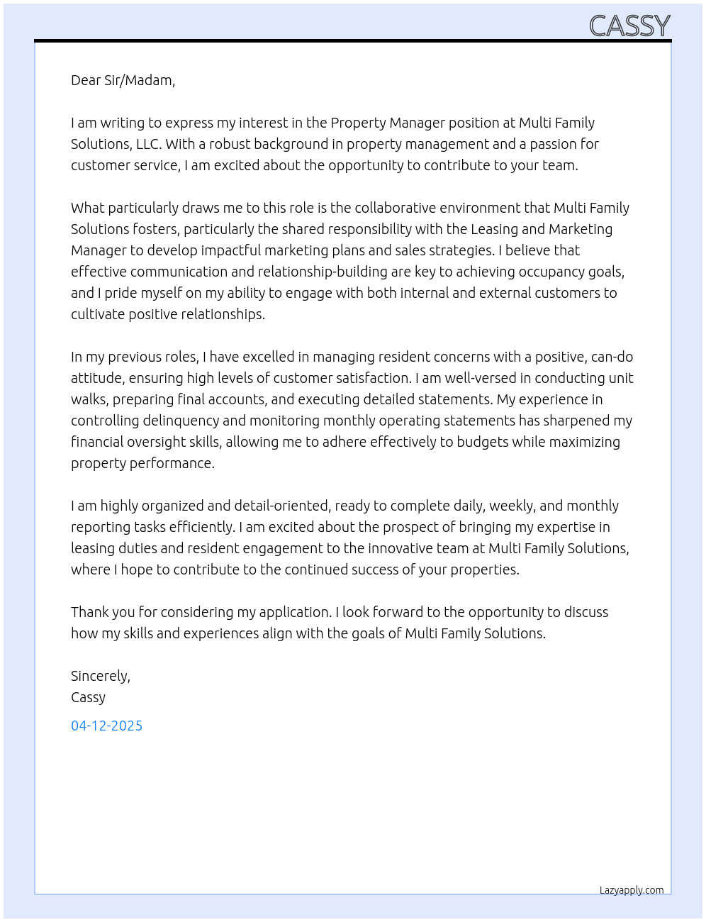 Property Manager At Multi Family Solutions, LLC Cover Letter