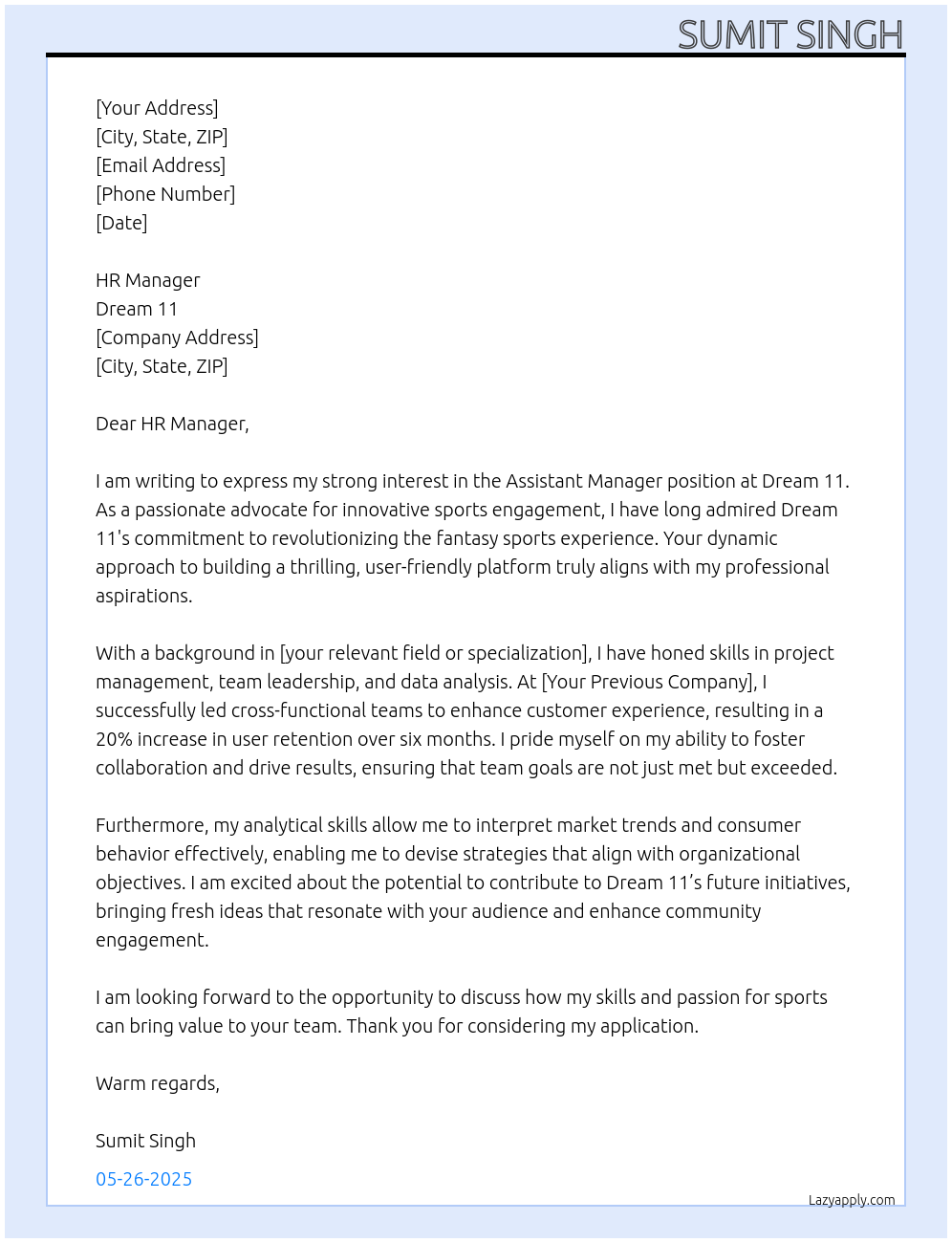 Assistant manager At Dream 11 Cover Letter