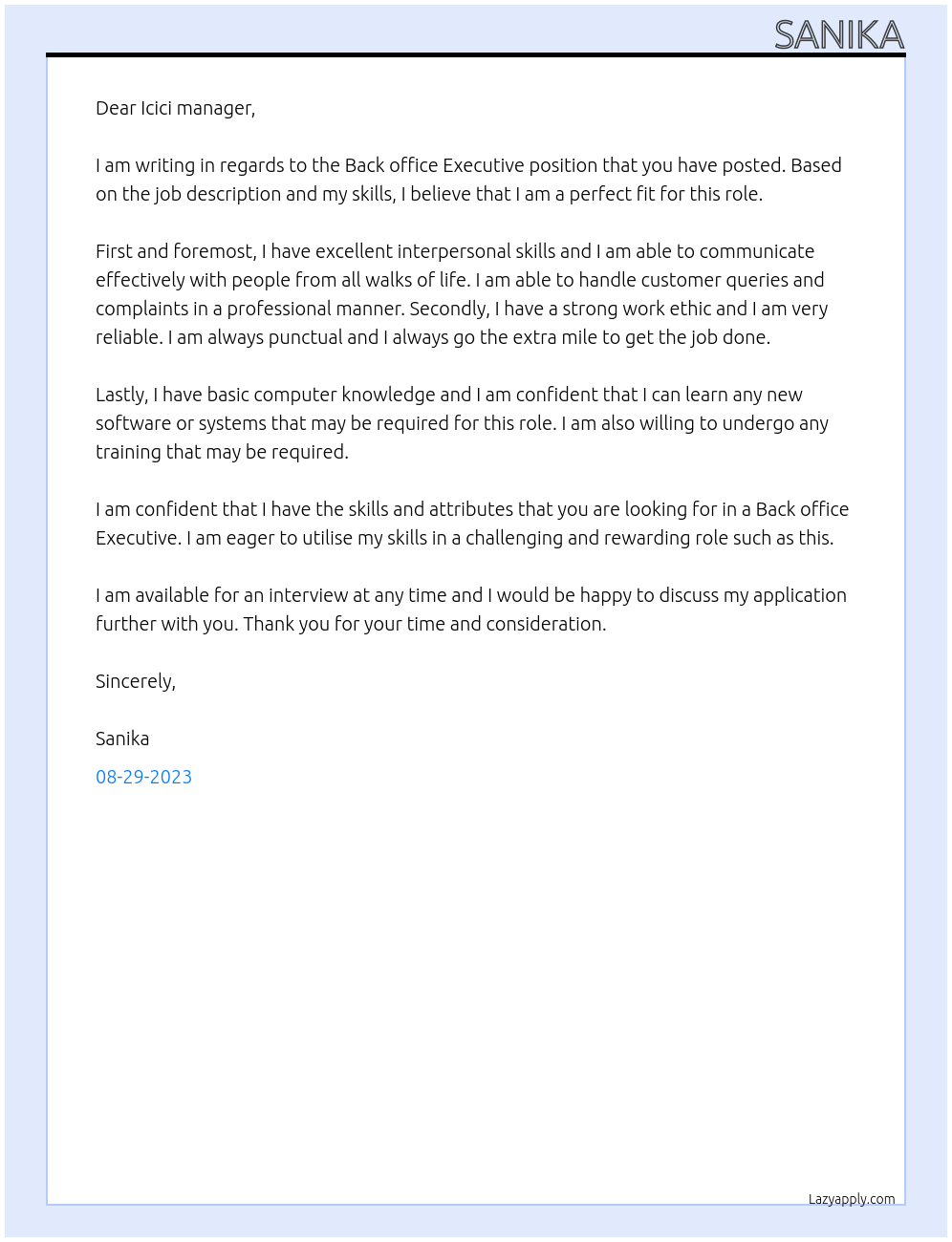 Back office Executive At App Cover Letter