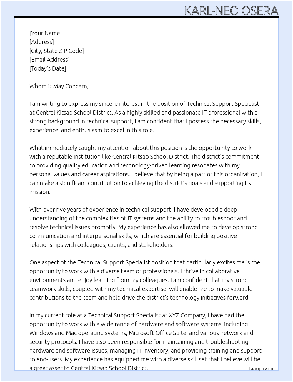 Technical Support Specialist At Central Kitsap School District Cover Letter