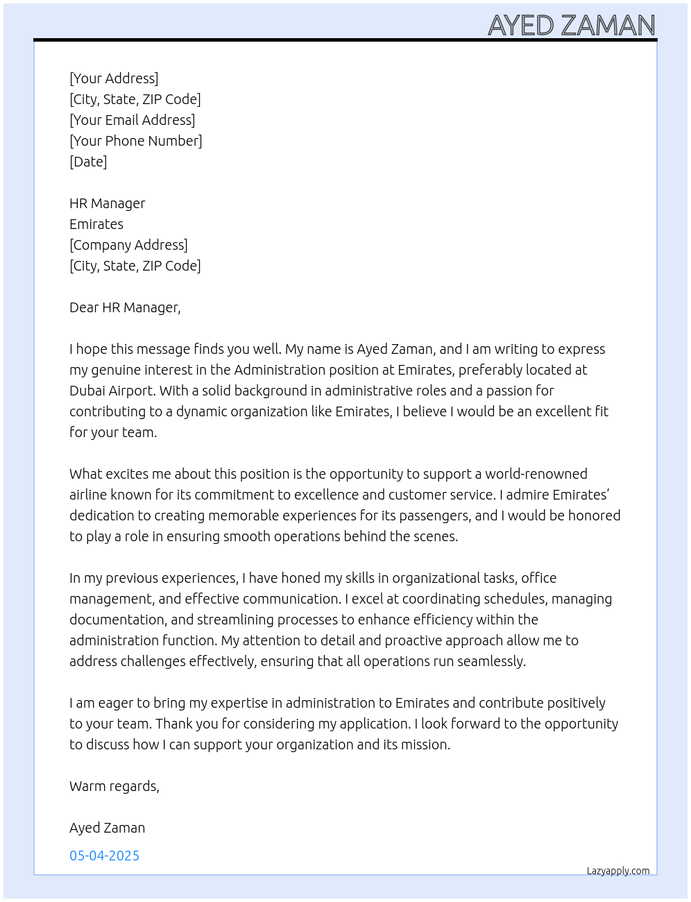 Administration At Emirates Cover Letter