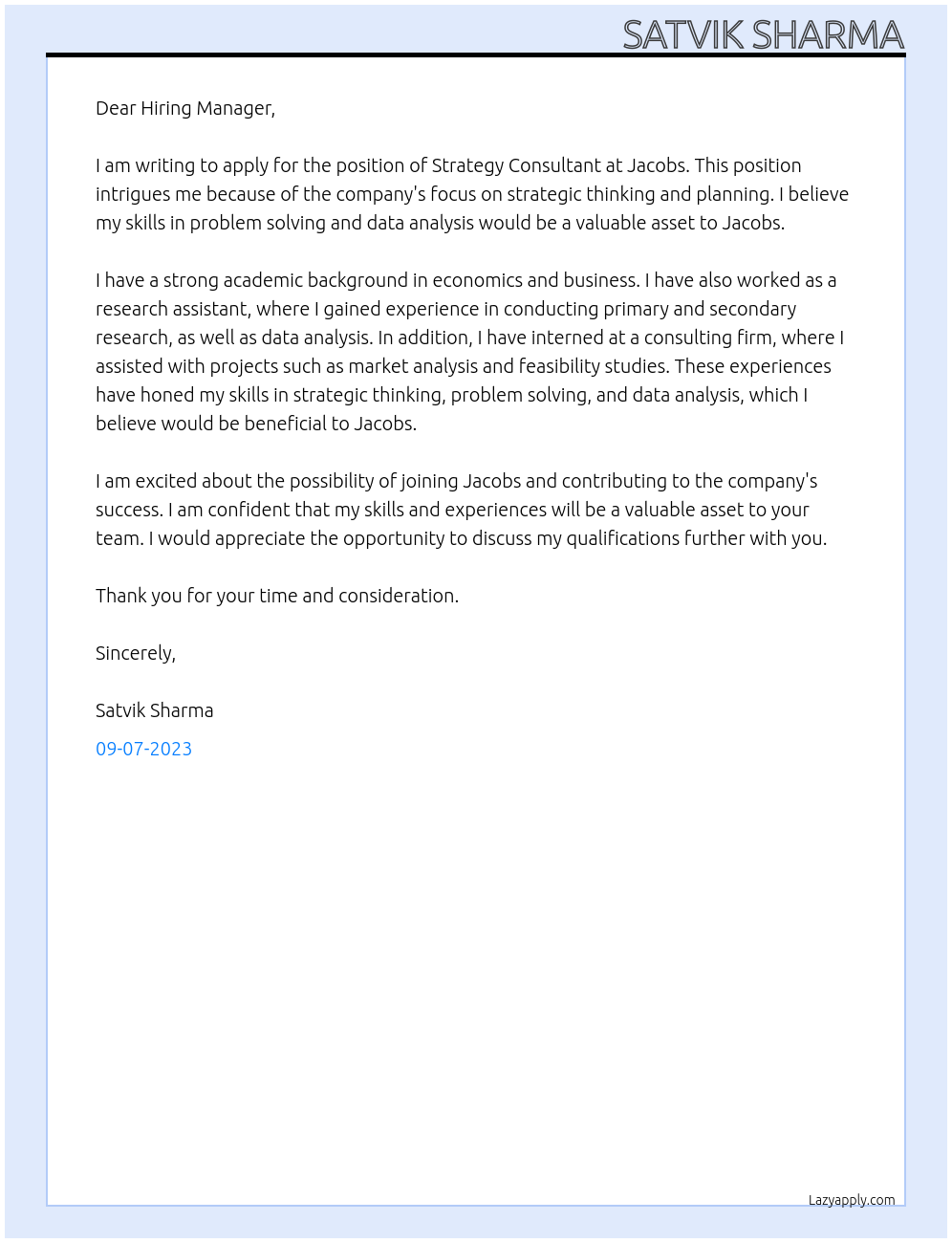 Strategy Consultant At Jacobs Cover Letter