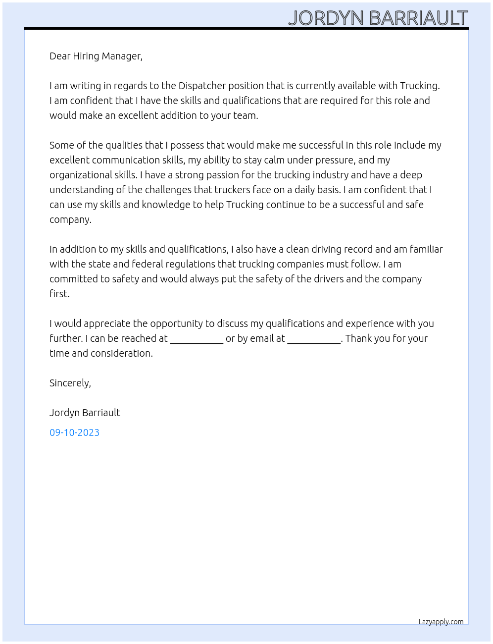 Dispatcher At Trucking Cover Letter