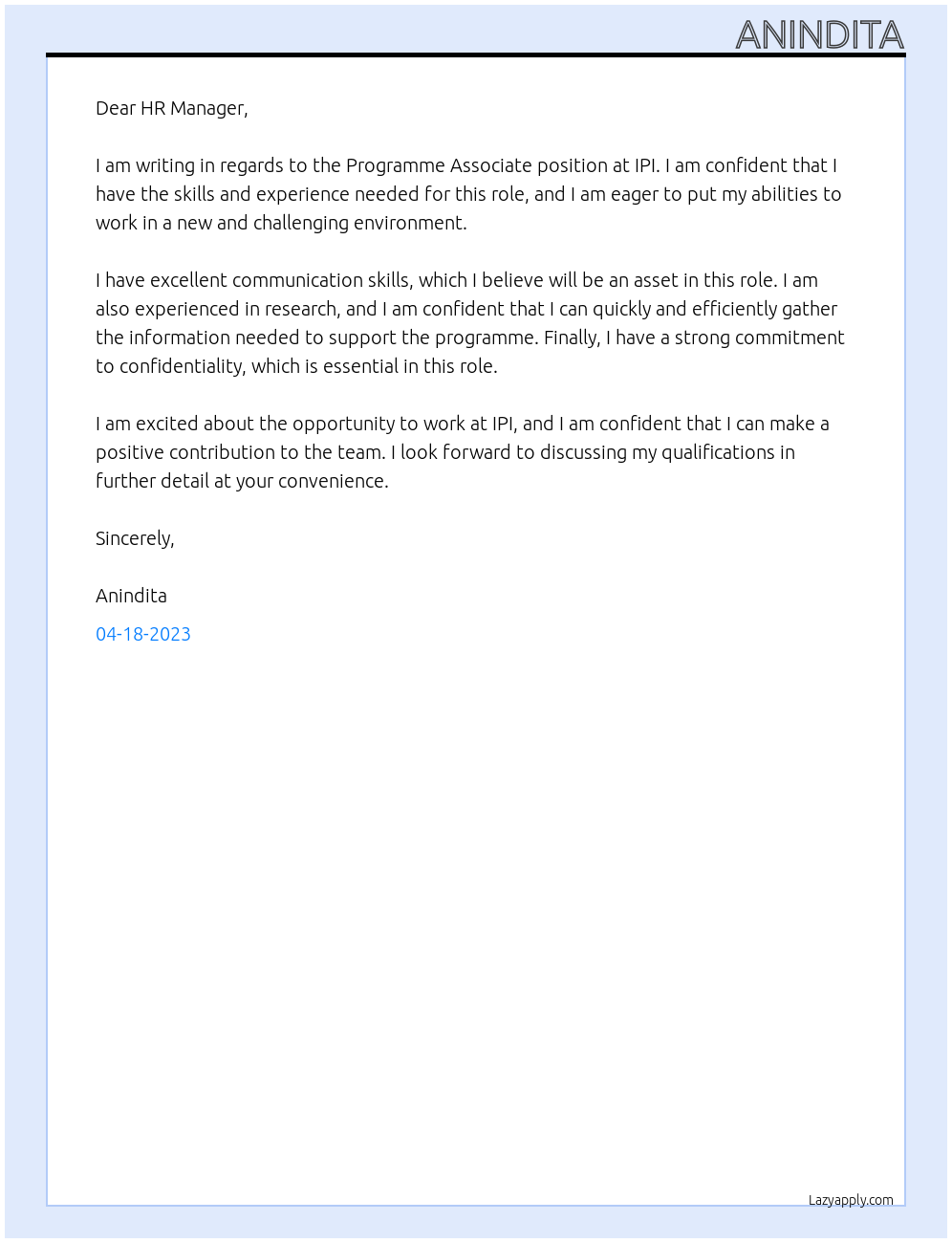 Programme Associate At IPI Cover Letter