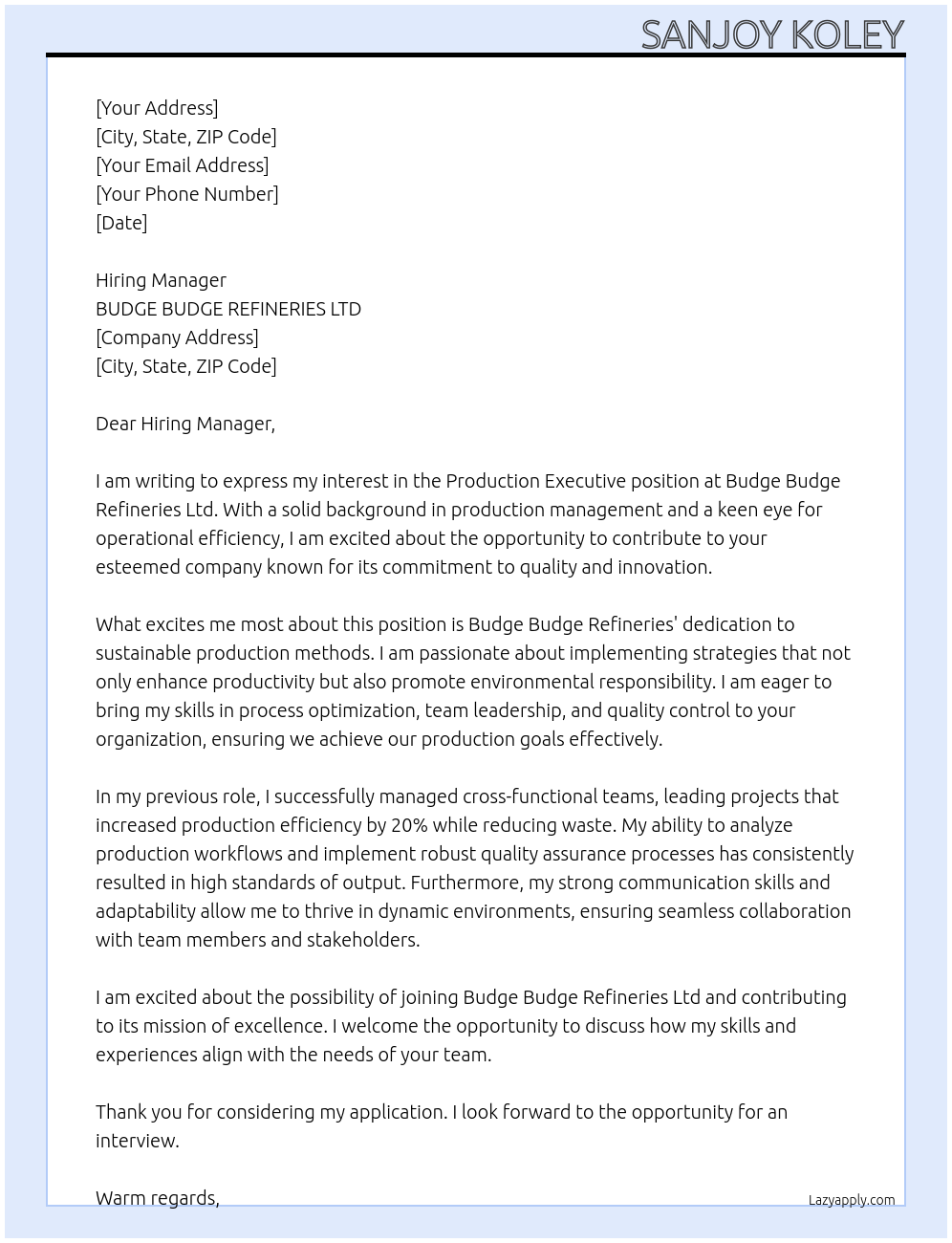 Cover letter for production executive - LazyApply