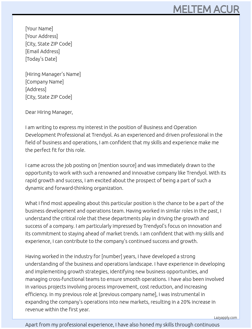 Business and Operation Development Professionals At Trendyol Cover Letter