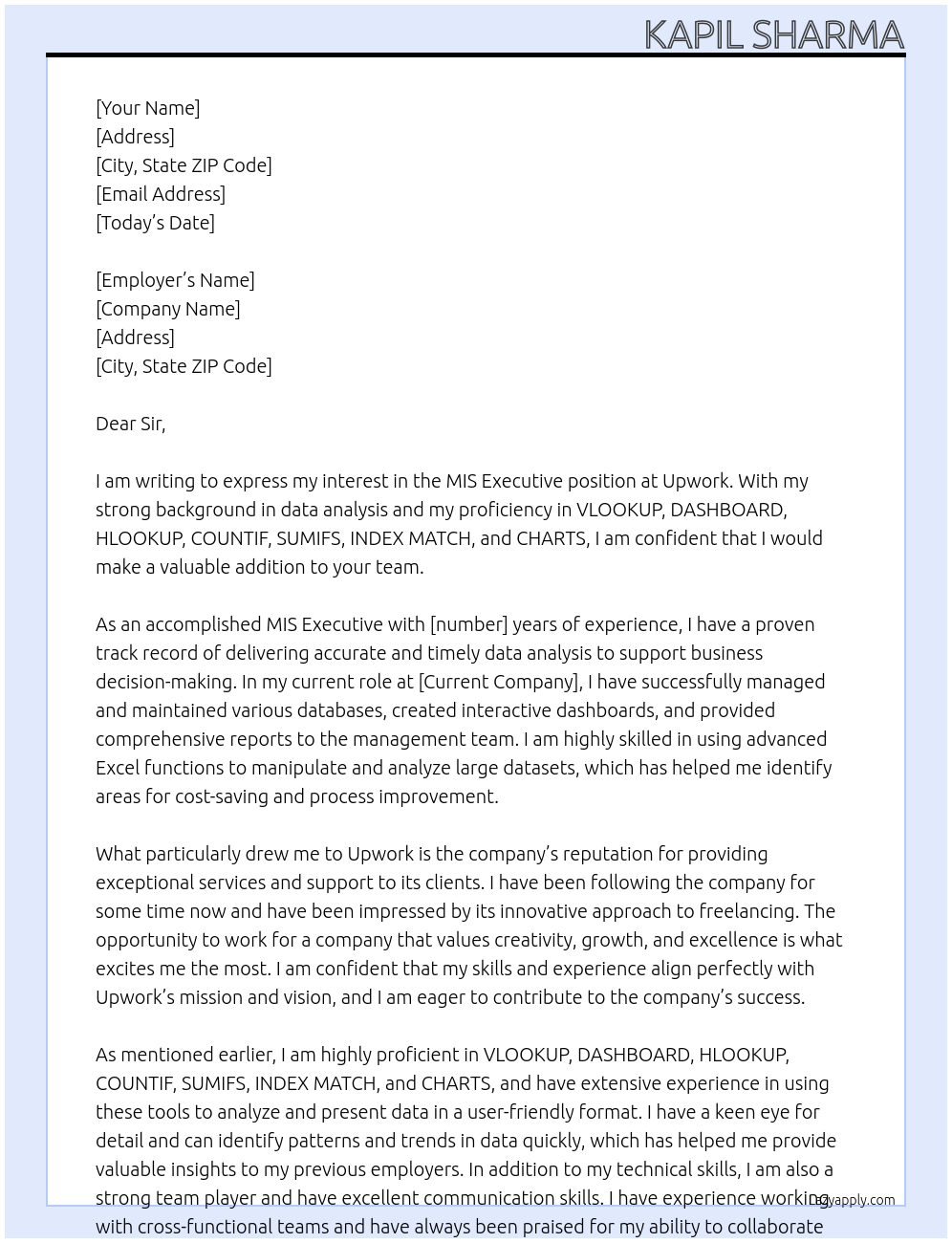 MIS EXECUTIVE At upwork Cover Letter