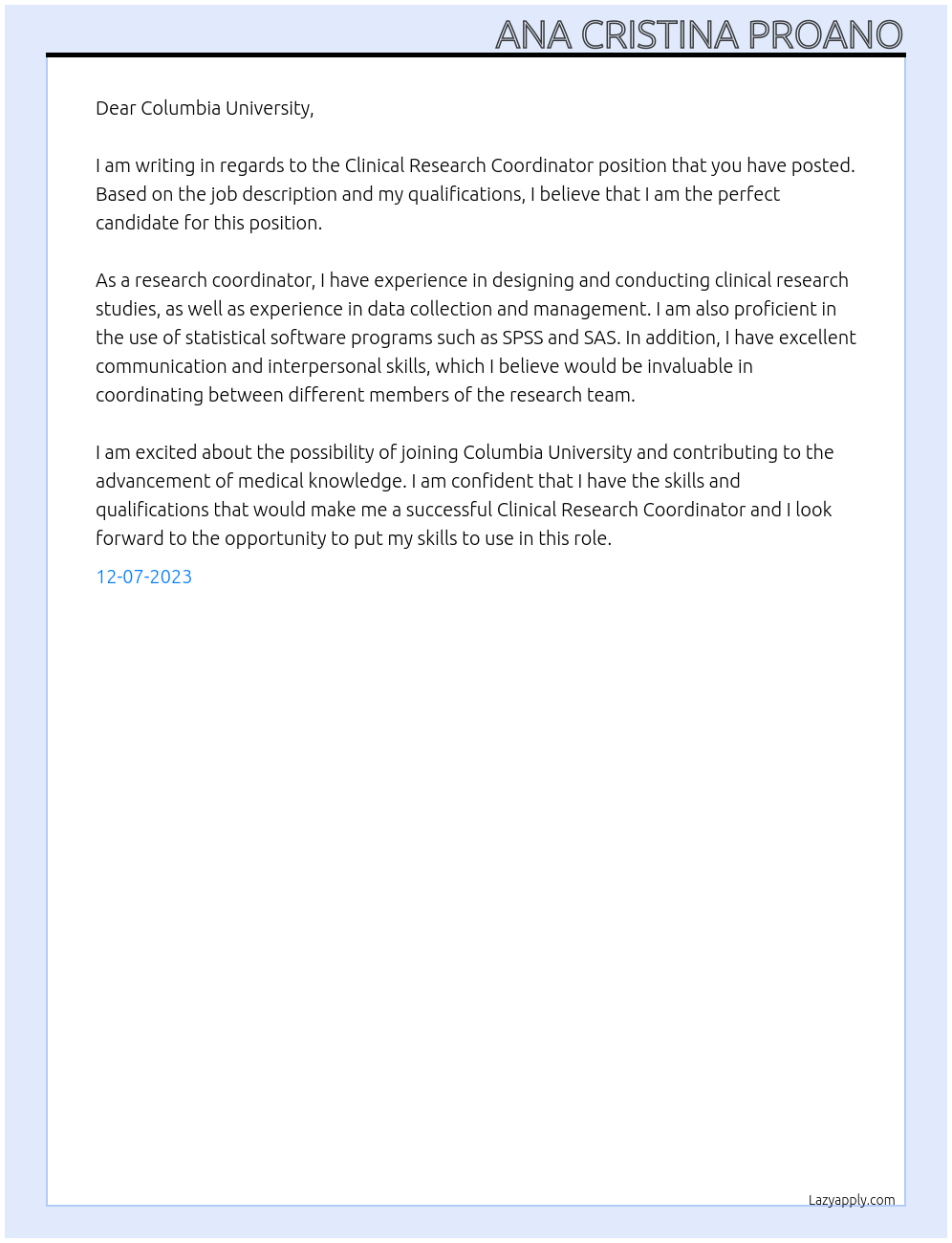 Clinical Research Coordinator At Columbia University Cover Letter