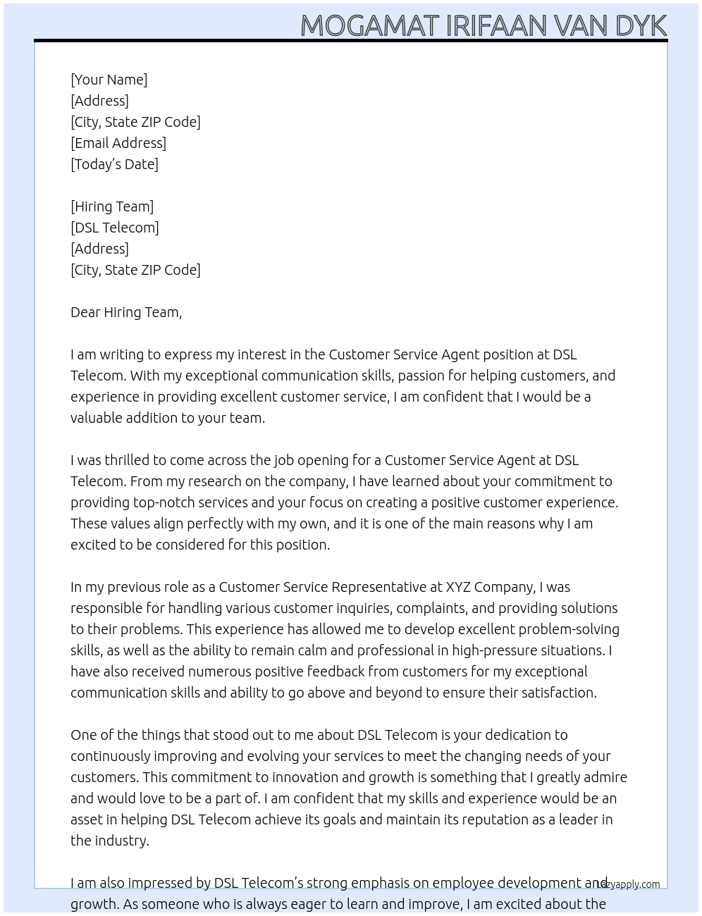 Customer Service Agent At DSL Telecom Cover Letter