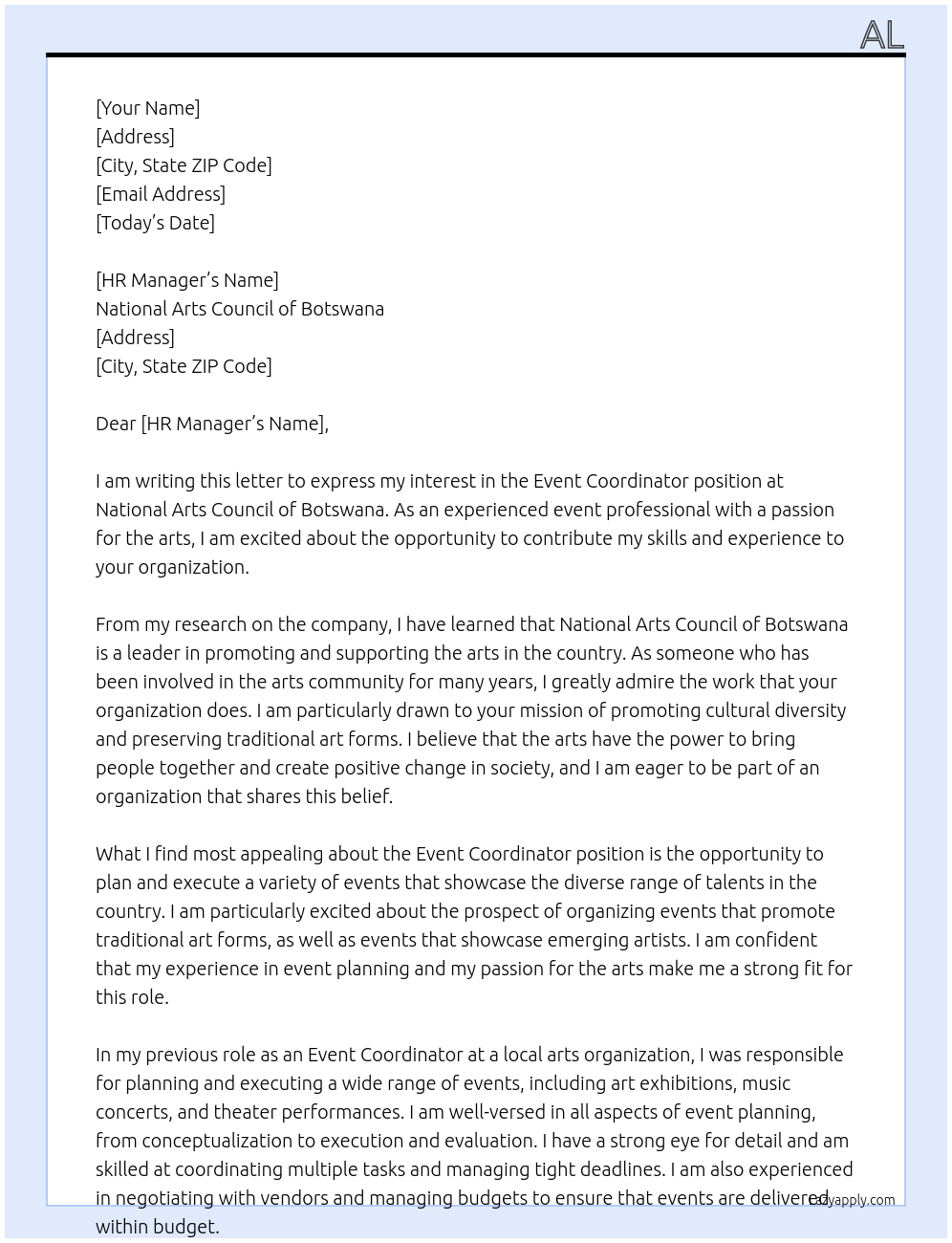 𝐄𝐕𝐄𝐍𝐓 𝐂𝐎𝐎𝐑𝐃𝐈𝐍𝐀𝐓𝐎𝐑 At National Arts Council of Botswana Cover Letter