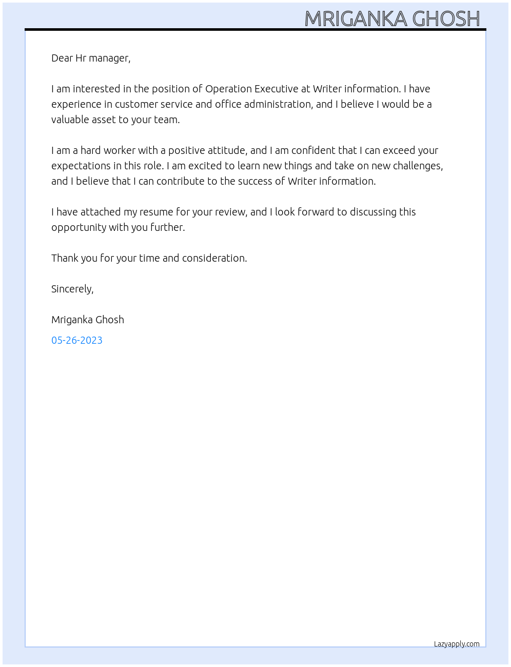 Operation Executive  At Writer information  Cover Letter