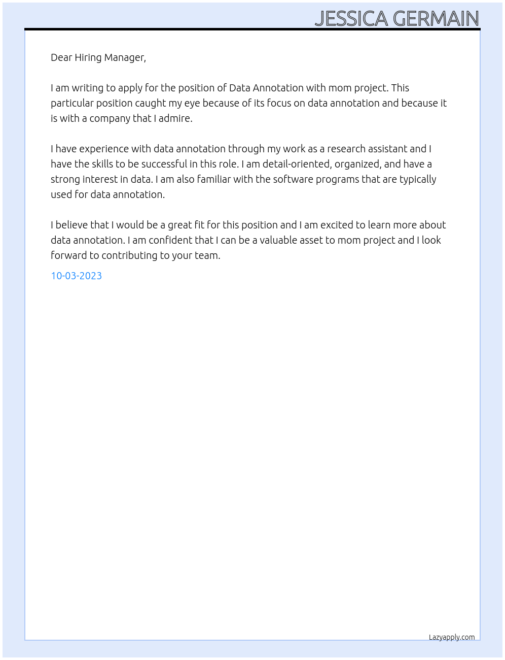 Data Annotation At mom project Cover Letter