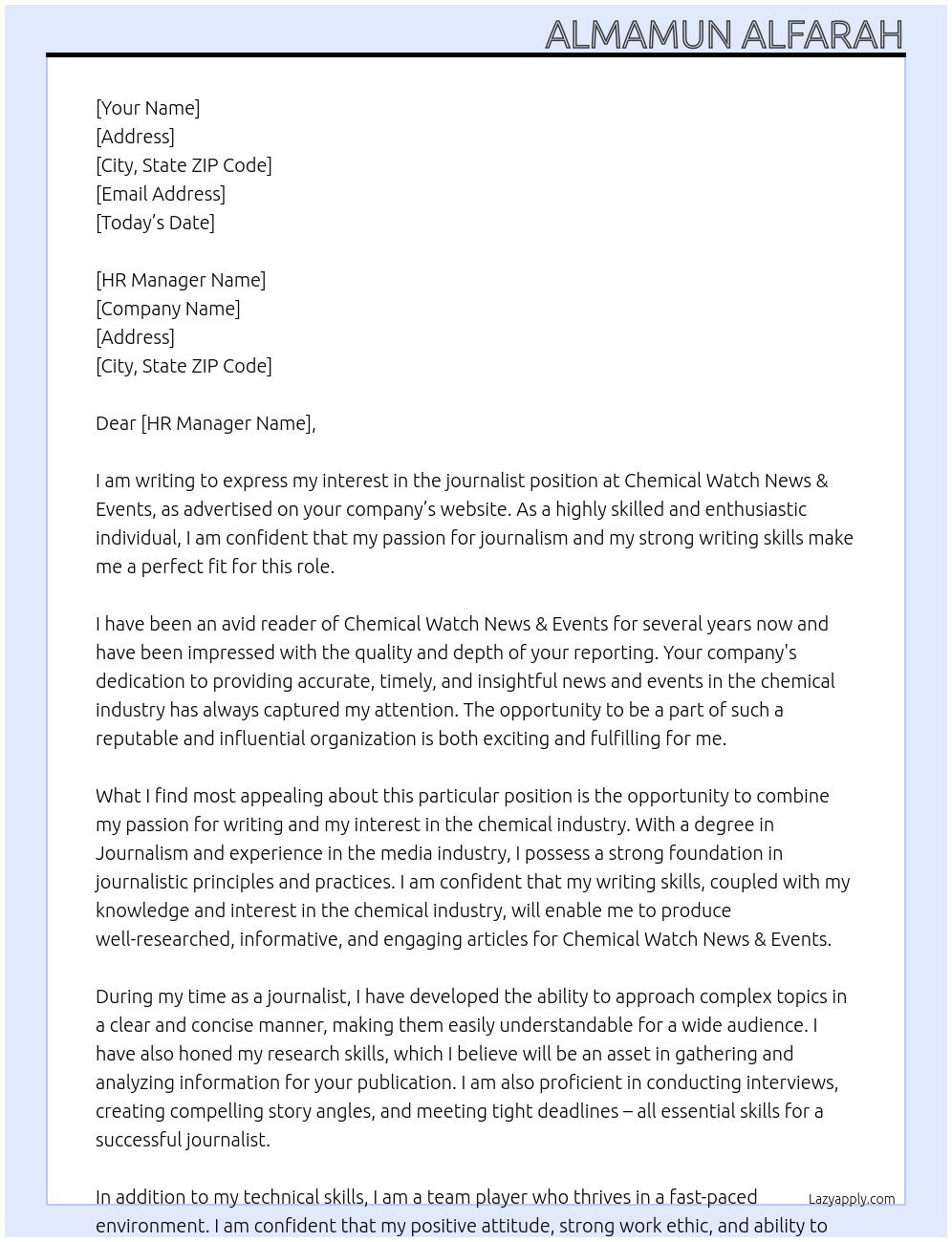 journalist At Chemical Watch News & Events Cover Letter