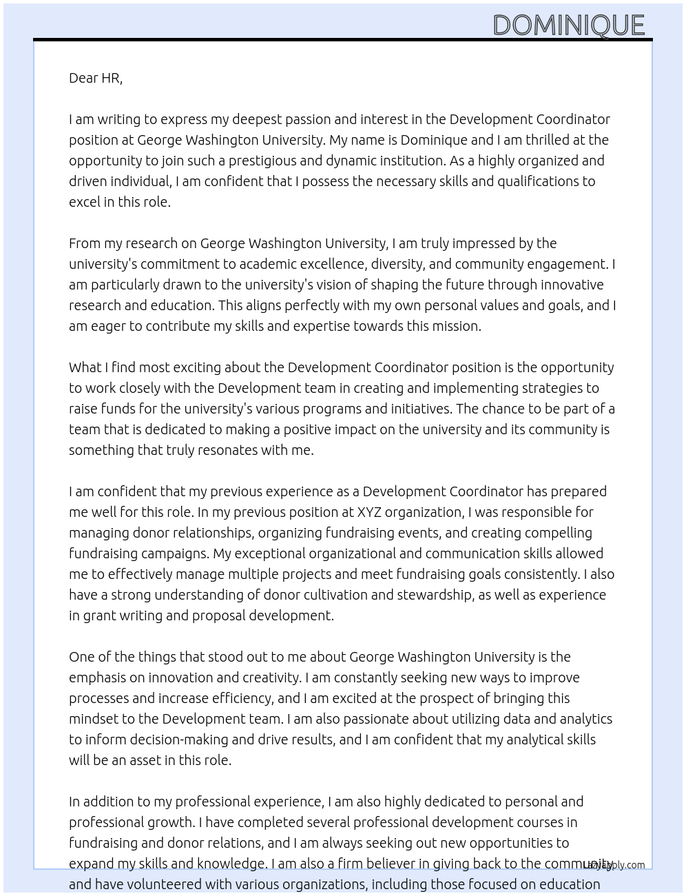 Development Coordinator At George Washington University Cover Letter