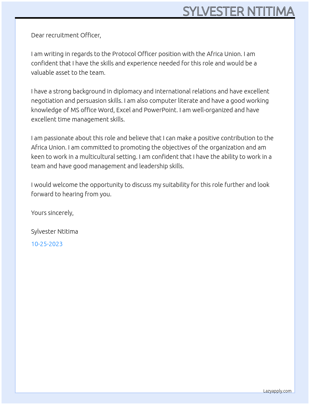 Protocol Officer At Africa Union Cover Letter