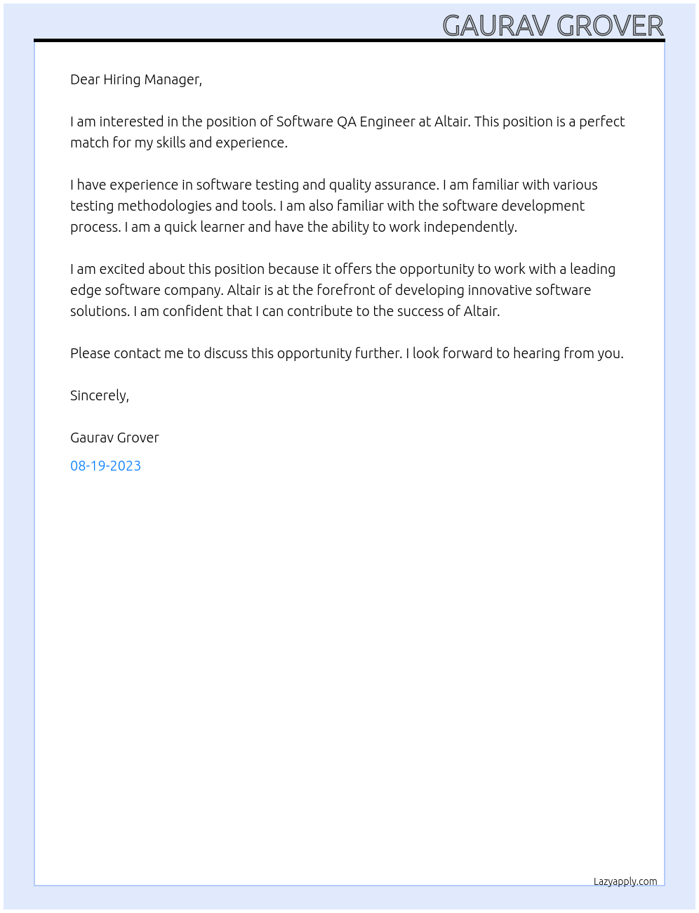 Software QA Engineer At Altair Cover Letter