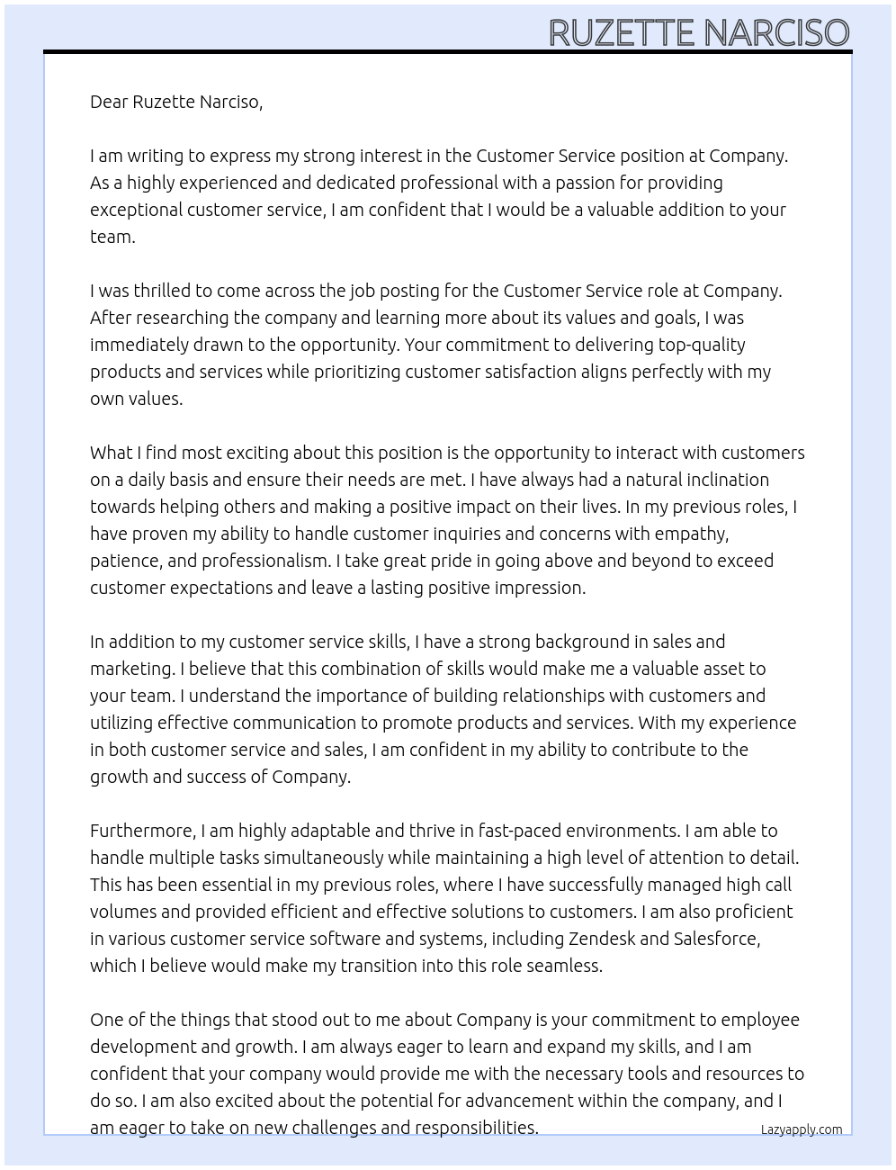 Costumer service At Company Cover Letter