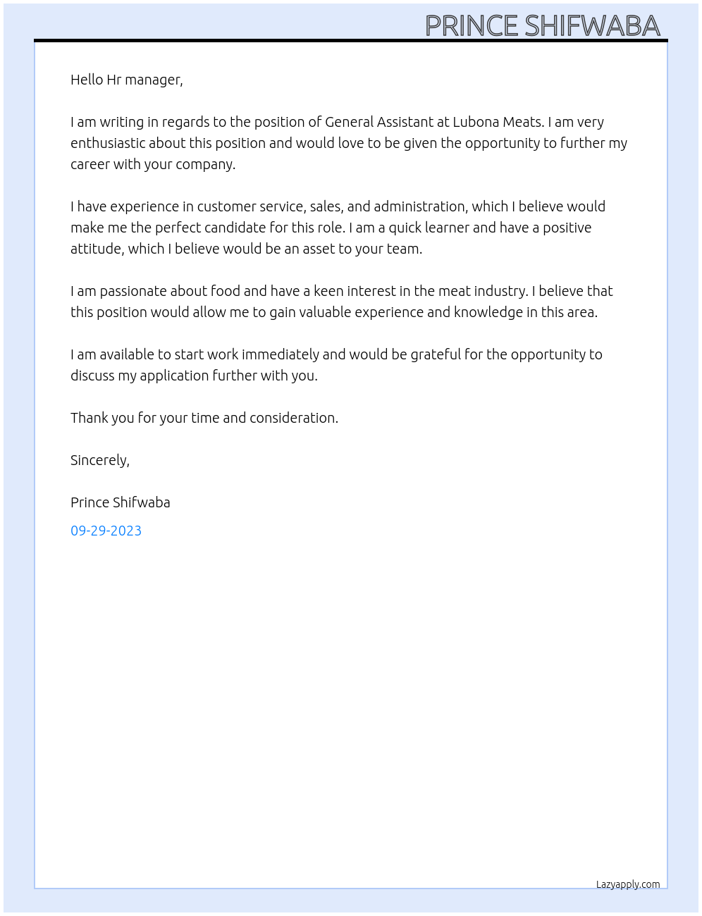 General Assistant  At Lubona Meats  Cover Letter