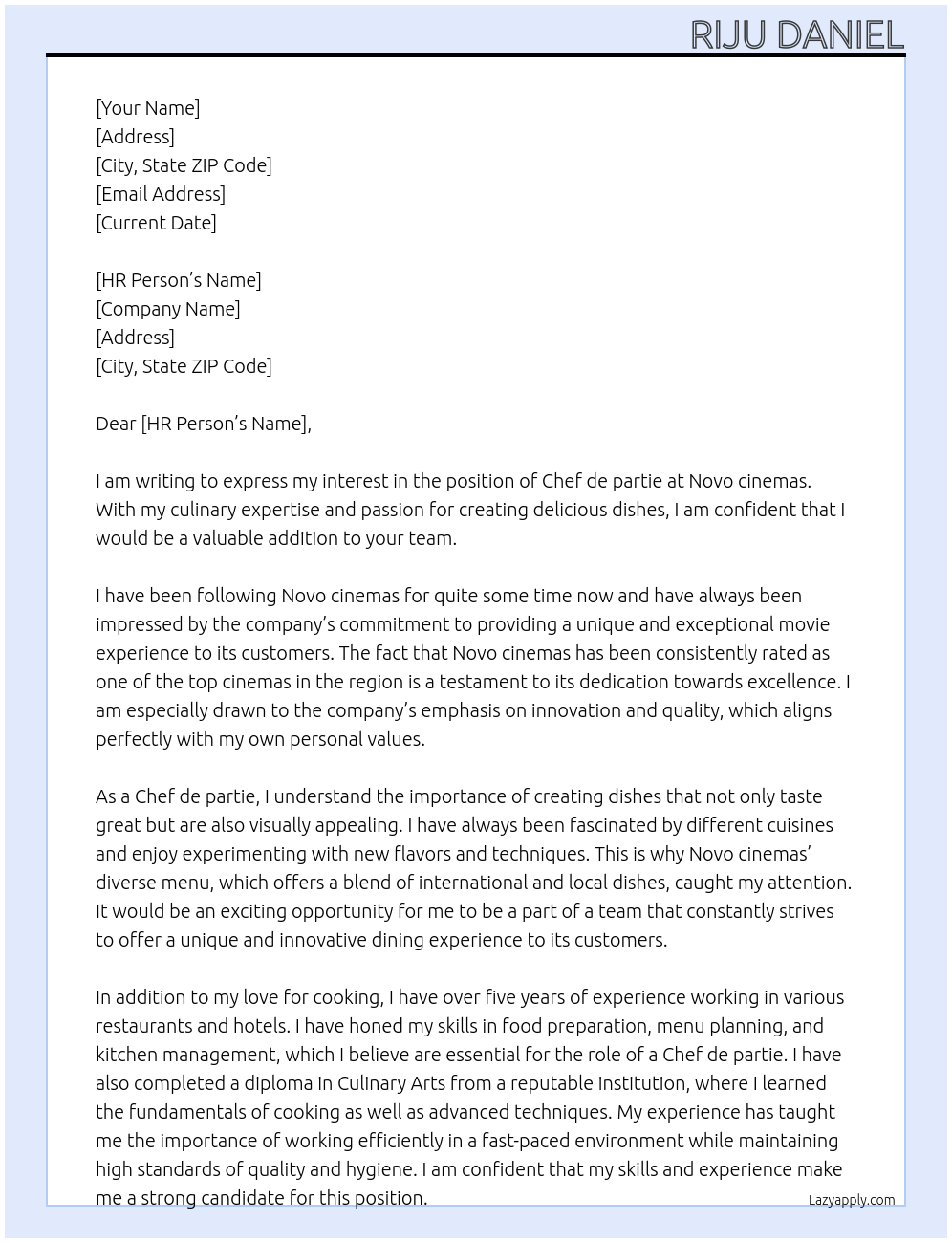Chef de partie At Novo cinemas Cover Letter