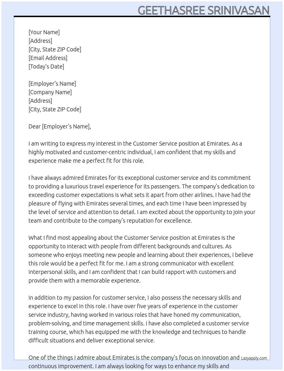costumer service At Emirates Cover Letter