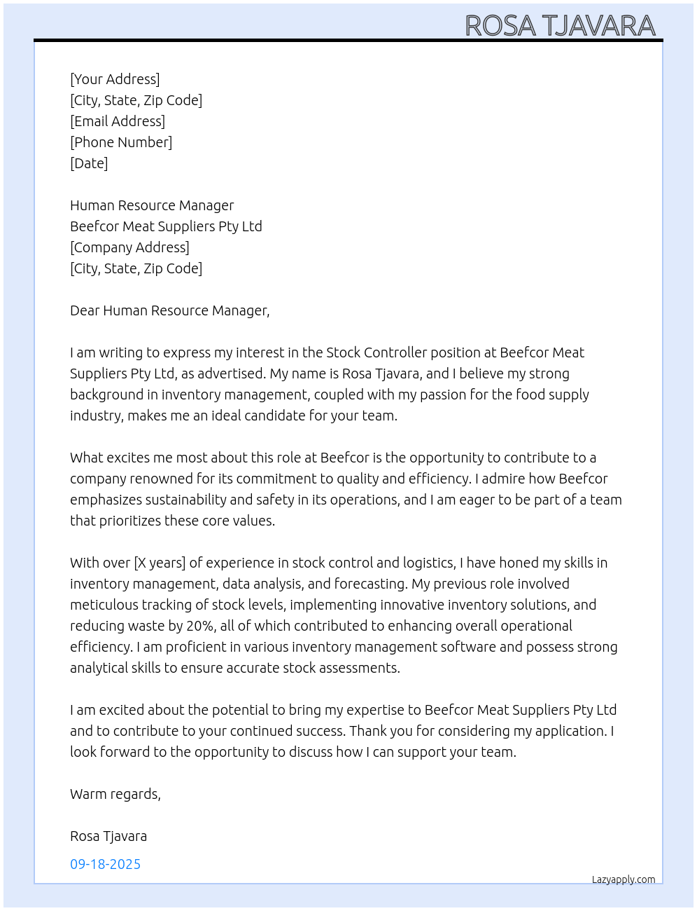 Cover letter for stock controller - LazyApply