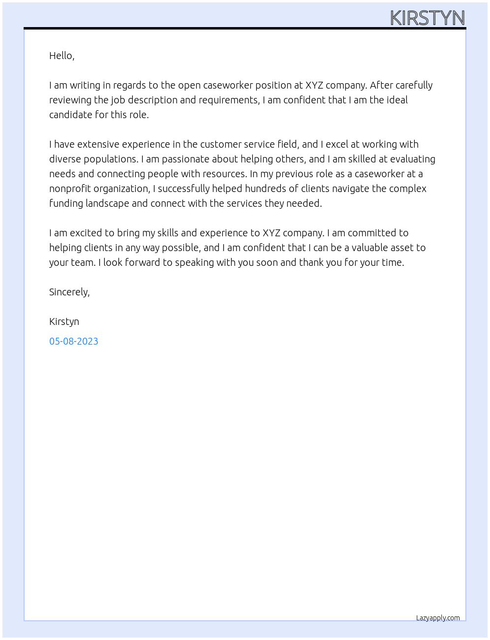 caseworker At xyz Cover Letter