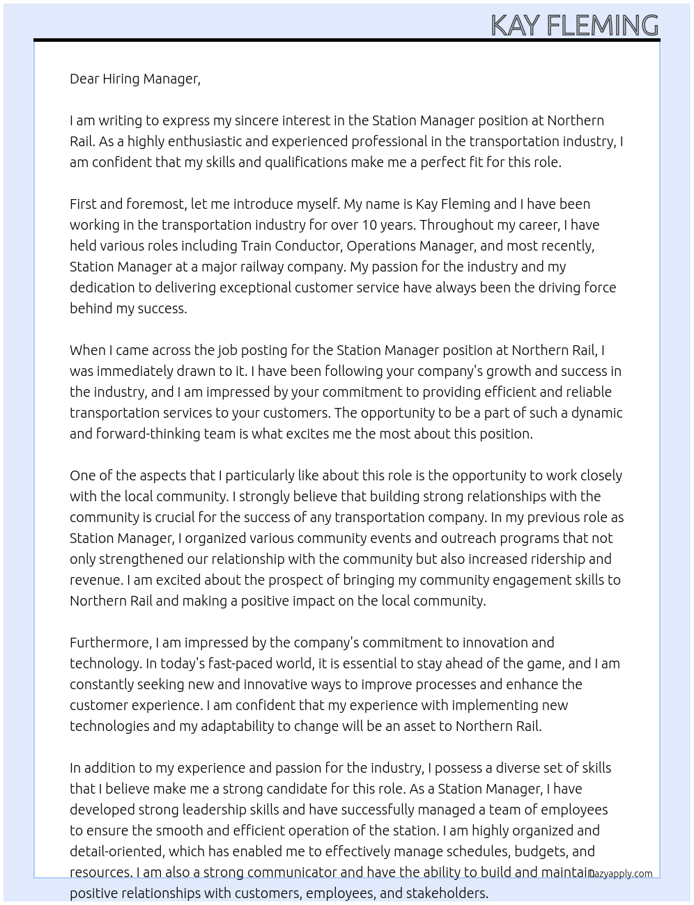 Station Manager At Northern Rail Cover Letter