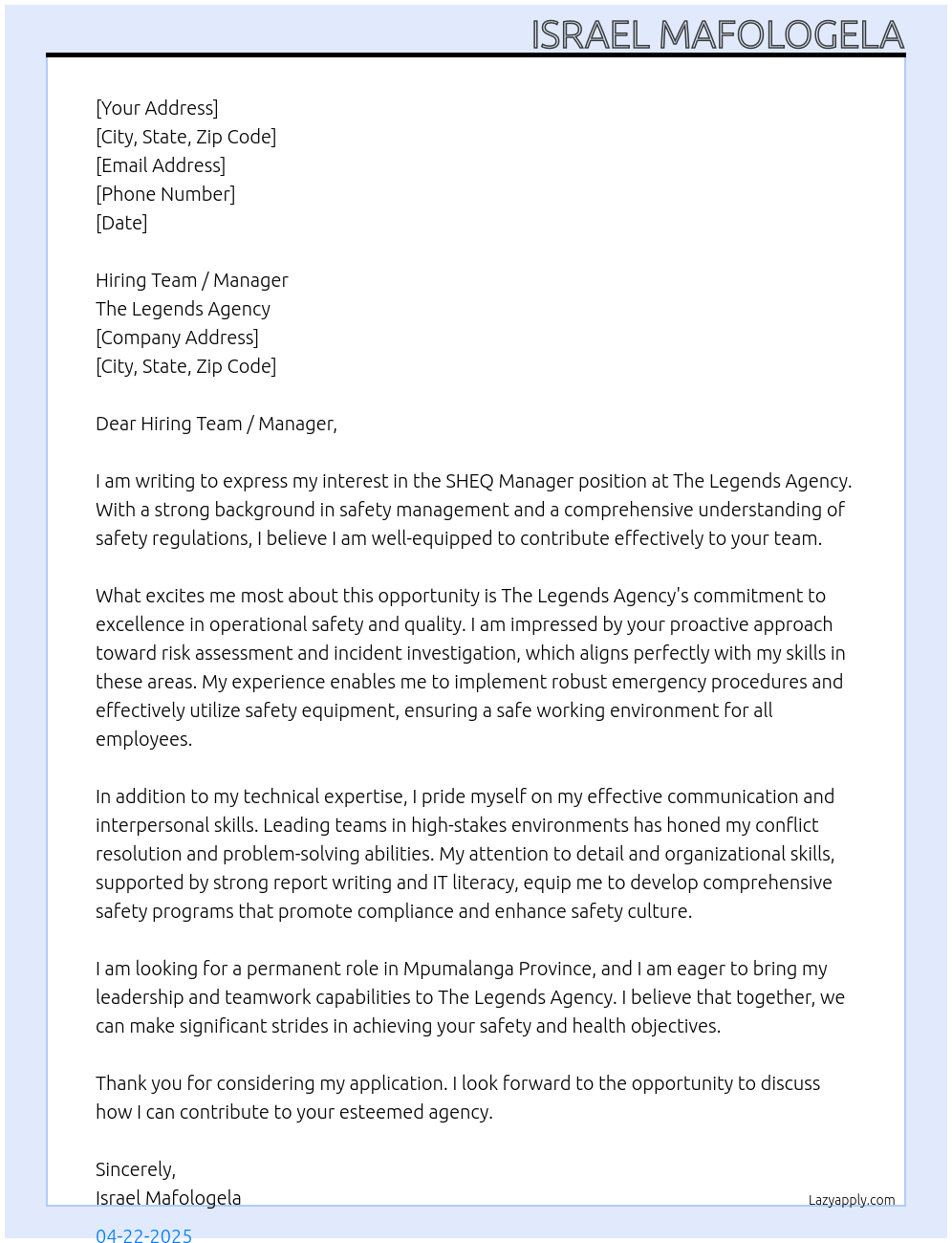 SHEQ Manager At The Legends Agency Cover Letter