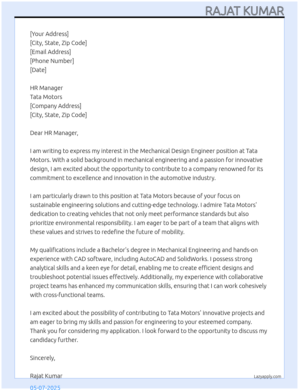 Mechanical Design Engineer At Tata motors Cover Letter