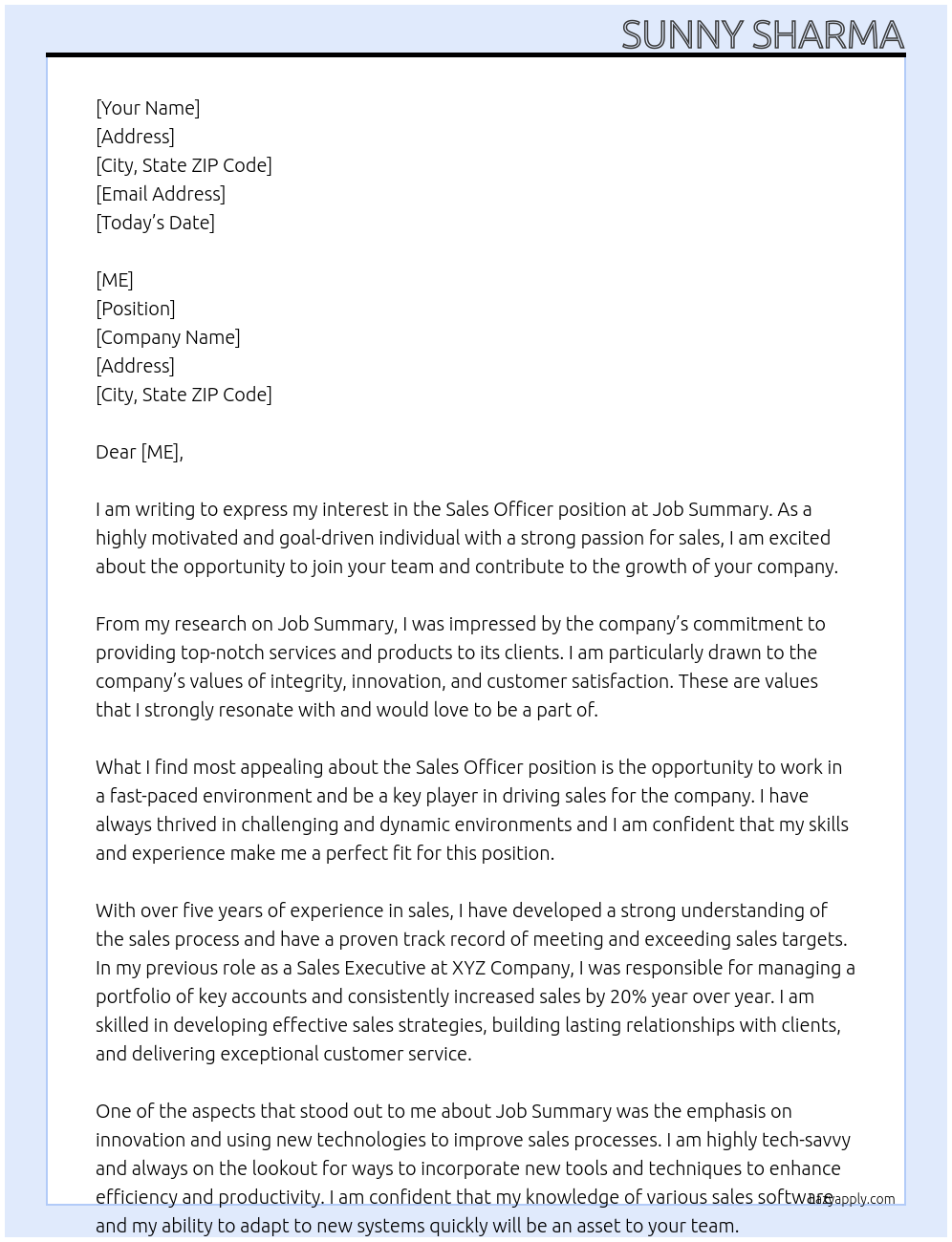 SALES OFFICER At JOB SUMMERY Cover Letter