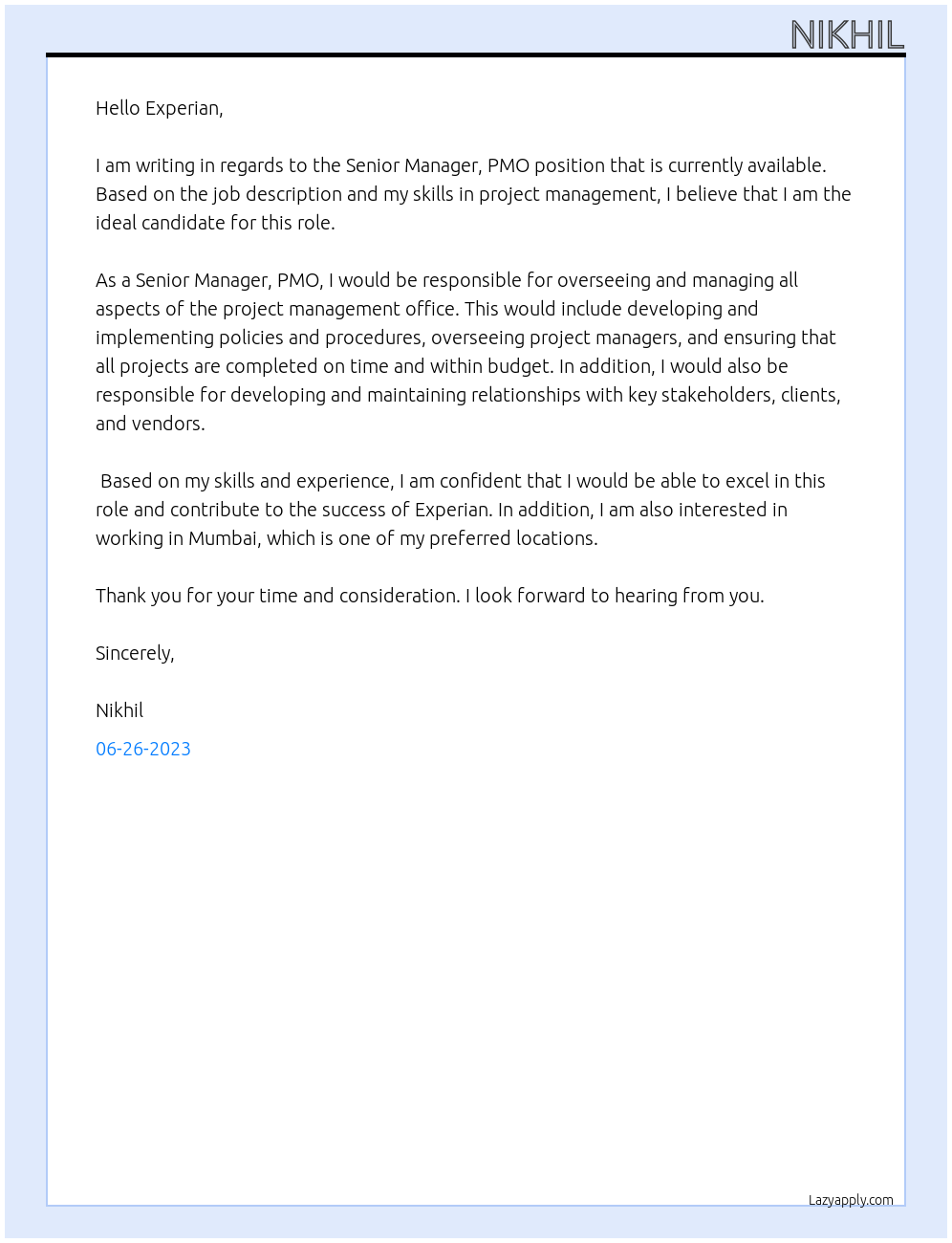 Senior Manager, PMO At Experian Cover Letter