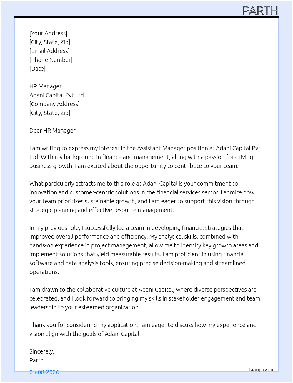 ASSISTANT MANAGER At ADANI CAPITAL PVT LTD Cover Letter