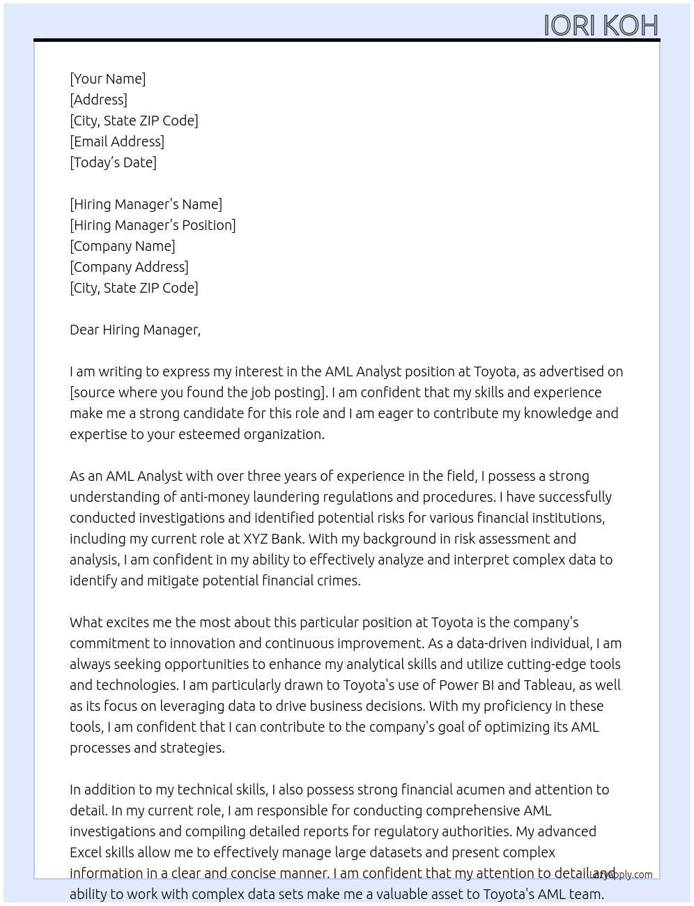 AML Analyst At Toyota Cover Letter