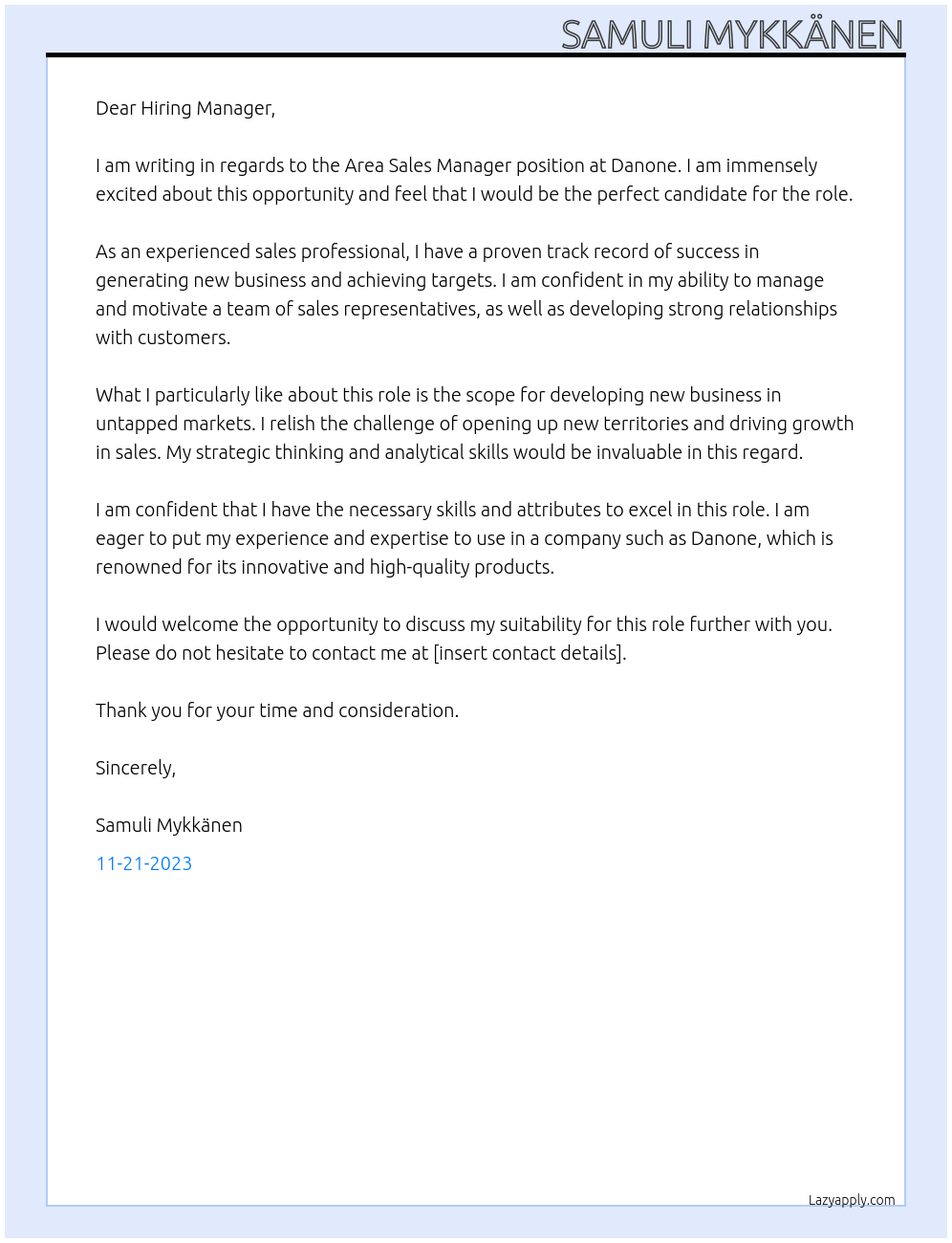 Area Sales Manager At Danone Cover Letter